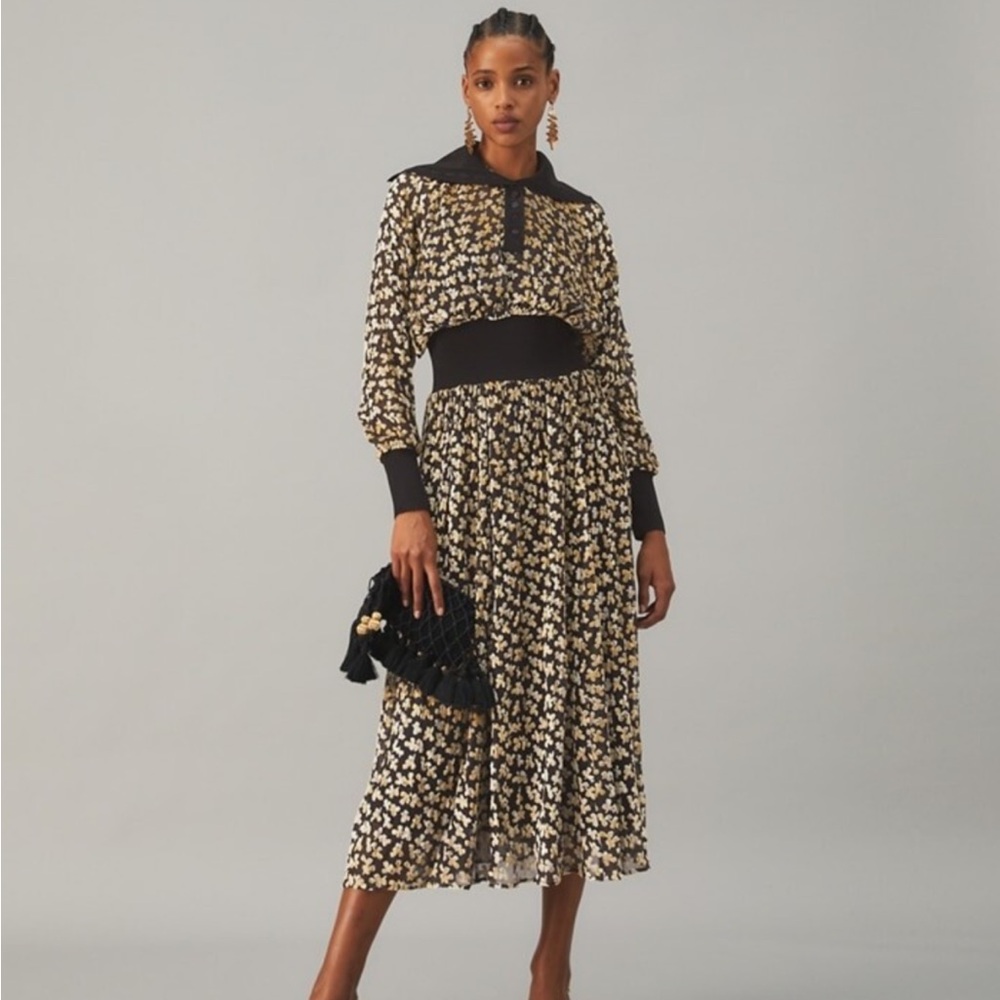 Tory Burch velvet devore midi dress black 2 gold leaves